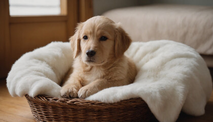 Golden Retriever Puppy Contentedly Resting in a Wicker Basket