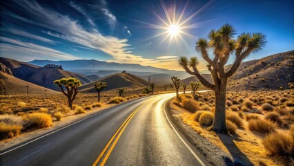 Fototapeta premium Asphalt road curves through a sun-drenched desert landscape, flanked by unique desert plants under a vibrant sky.