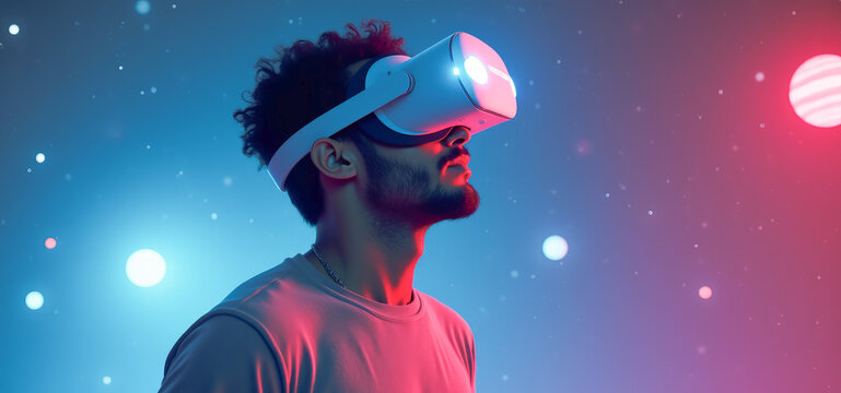 A man wearing virtual reality glasses inside the game examines the planets