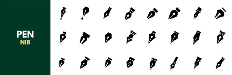 Collection of pen nib icons showcasing various fountain pen tips and writing points in solid black silhouettes. 
