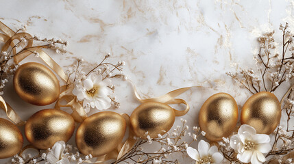 A glamorous Easter border with sparkling golden eggs, shimmering ribbons, and luxurious velvet textures, styled for a high-end and sophisticated celebration. 