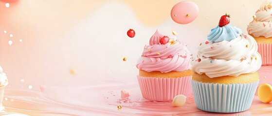 pastel cupcakes with creamy frosting on soft dreamy pink background