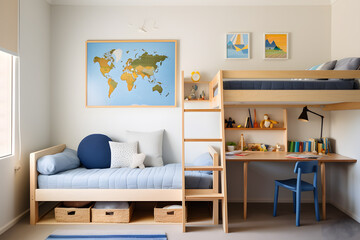 Modern cozy minimalist children's room featuring a cozy bed and comfort study Area
