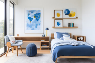 Modern cozy minimalist children's room featuring a cozy bed and comfort study Area