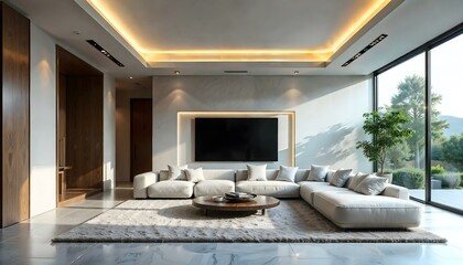 Fototapeta premium Futuristic living room with minimalistic design and high-tech accents