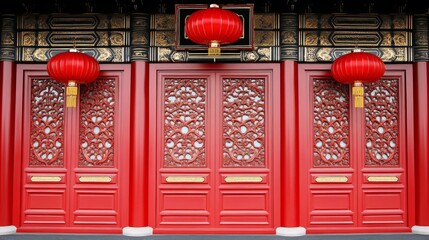 Ornate Red Doors and Festive Lanterns at Chinese Temple