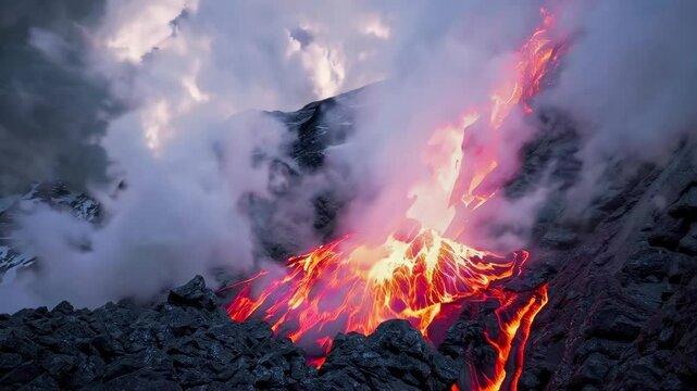 Volcanic eruption with lava flow in mountainous landscape, dramatic sky. Natural disaster and geological phenomenon concept