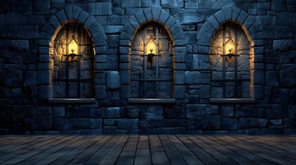 medieval stone hallway with arched windows illuminated by golden lights