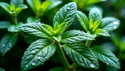 Close-up of fresh mint leaves with dew highlighting their vibrant beauty