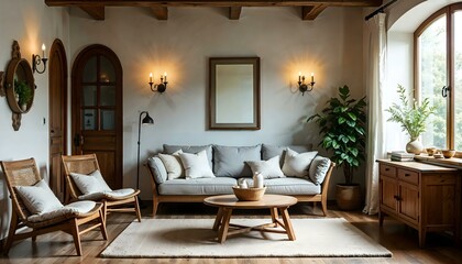 Cozy farmhouse-style living room with rustic wooden furniture and vintage charm