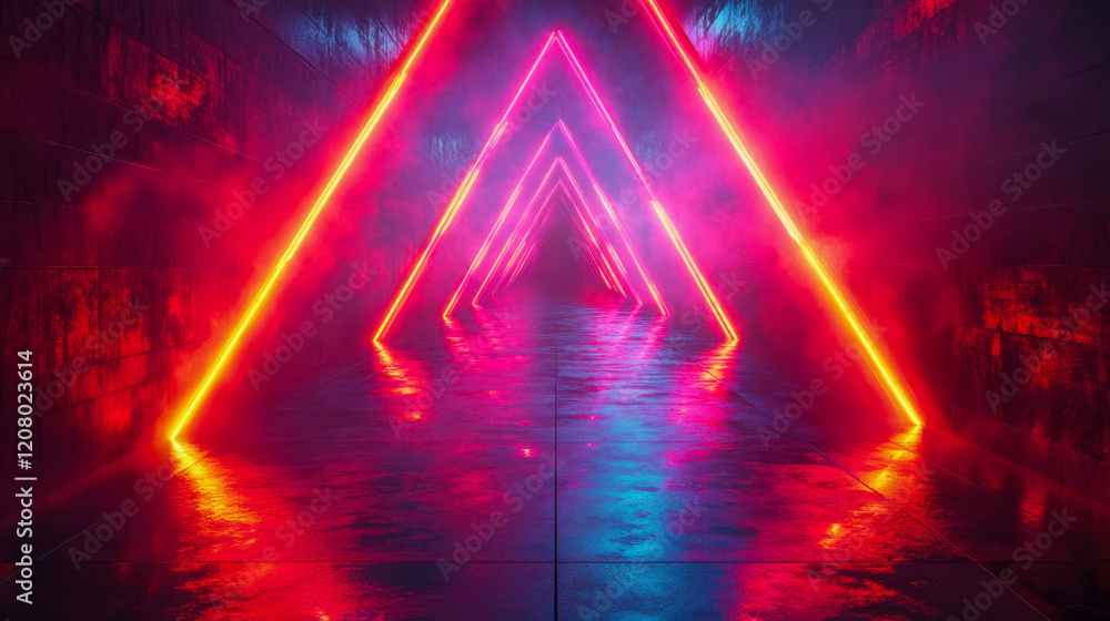 Poster symmetrical futuristic tunnel with red neon lights and triangular structural designs, reflecting on 