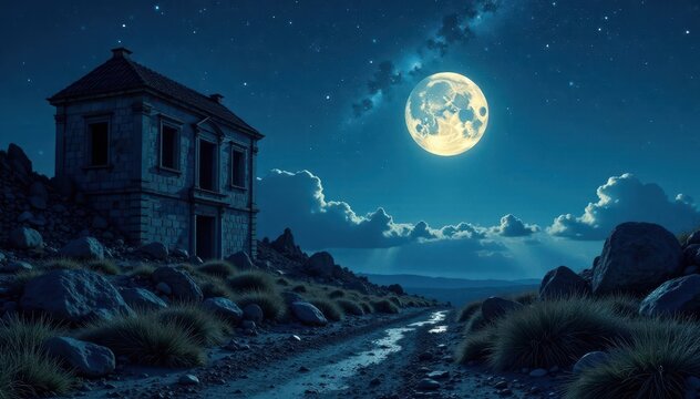 Viejo roble ca?do bajo el cielo nocturno estrellado, ruinas, luna