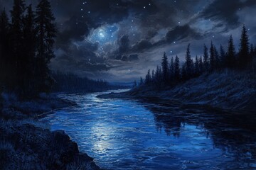 Fototapeta premium Serene Night River Under Starlit Sky