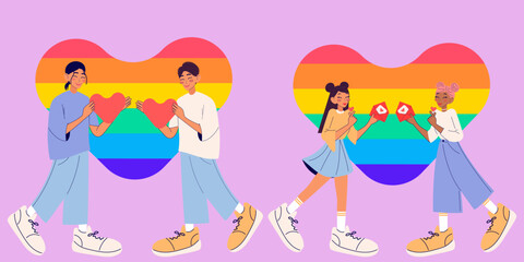 Pride month. Set with cute couple holding love letter and heart. Valentine`s day. Modern isolated vector illustration.