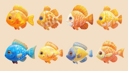 A colorful array of cartoon-style fish, showcasing various designs and colors.