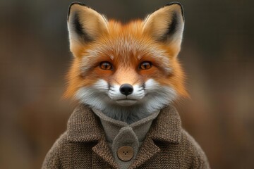 anthropomorphic red fox portrait wearing a sophisticated tailored tweed jacket with detailed fur textures and expressive eyes in studio lighting