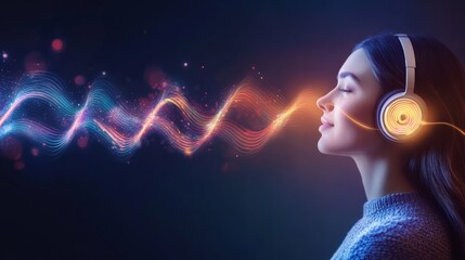 Profile of a relaxed young woman wearing headphones, enjoying music, with colorful sound waves flowing towards her, representing the immersive and sensory experience of listening to music