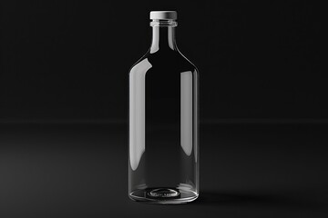 Transparent glass bottle with metal cap on a black background. Minimalistic product packaging design concept.