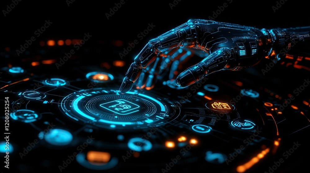 Poster robotic hand activates digital interface on control panel in dark tech environment