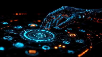 Robotic hand activates digital interface on control panel in dark tech environment
