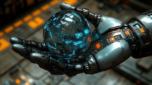 Robotic hand holds glowing digital globe in spaceship control room