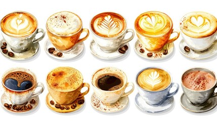 A colorful array of coffee cups with various latte art designs.