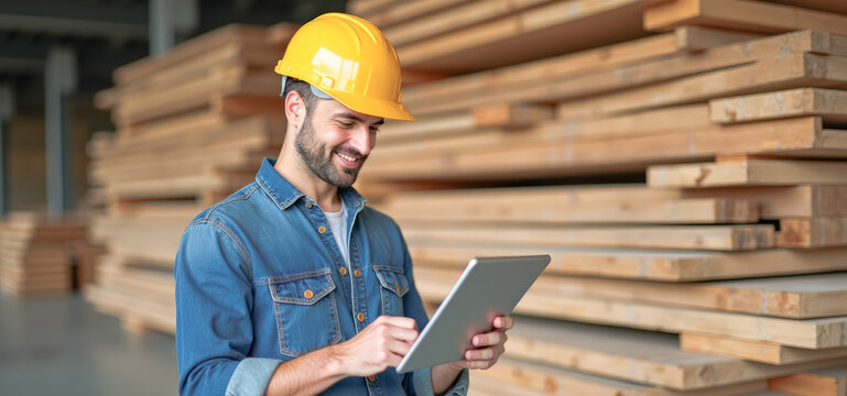storekeeper in helmet with tablet at lumber warehouse