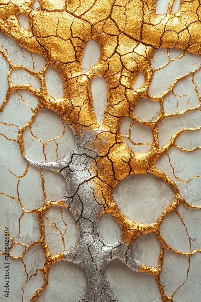 Poster artistic exploration of golden and silver tree patterns gallery setting abstract artwork contemporar
