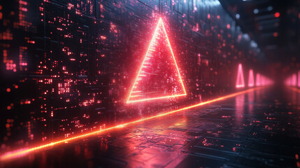 futuristic digital landscape featuring glowing neon lines and triangular shapes, creating vibrant and immersive atmosphere