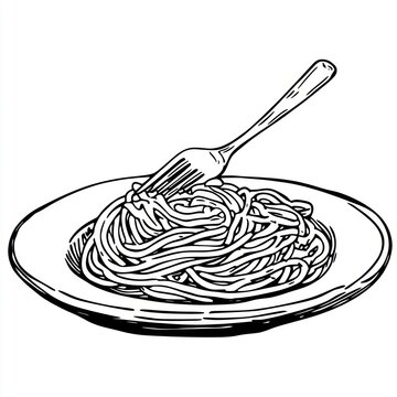recommend clip art: Plate of pasta with a fork, simple line art for food illustration, cooking instruction