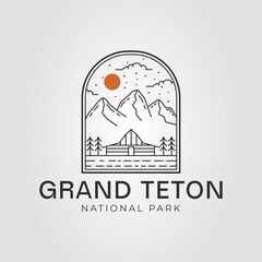 grand teton with barn line art logo vector illustration design. wyoming national park for sticker logo design