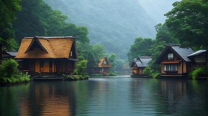 Fototapeta premium Tranquil Japanese Houses on Misty River