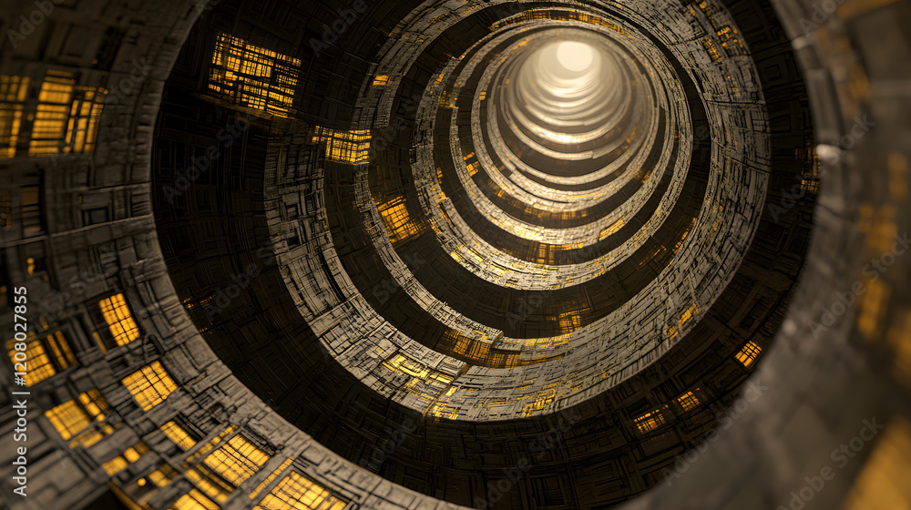 Poster a surreal futuristic cosmic portal where space-time warps and twists, creating a mesmerizing pattern