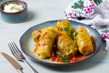 Stuffed cabbage leaves. Cabbage wraps or rolls. Chou farci, dolma, sarma, golubtsy or golabki on blue plate on green blue table