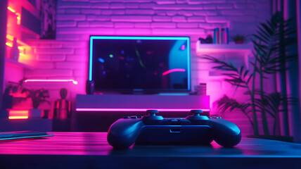 A gaming console with controllers, highlighted by vibrant neon lighting in the background, creating a dynamic and modern gaming setup.

