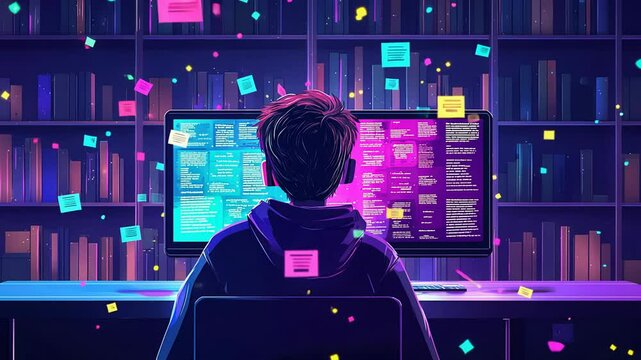 A teenager engages with friends using various social networks, surrounded by bright, colorful notifications and sticky notes. The setting is a cozy room with bookshelves in the background.