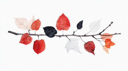 Naklejka premium Autumn Tree Branch with Six Vibrant Orange Leaves on White Background – Minimalist Nature Photography Showcasing Fall Serenity