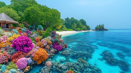 Vibrant Coral Reef Beside Tropical Beach House