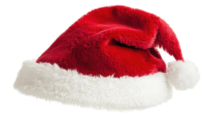 Festive red Santa hat with fluffy white trim, isolated on white background. Perfect for Christmas designs and holiday projects.