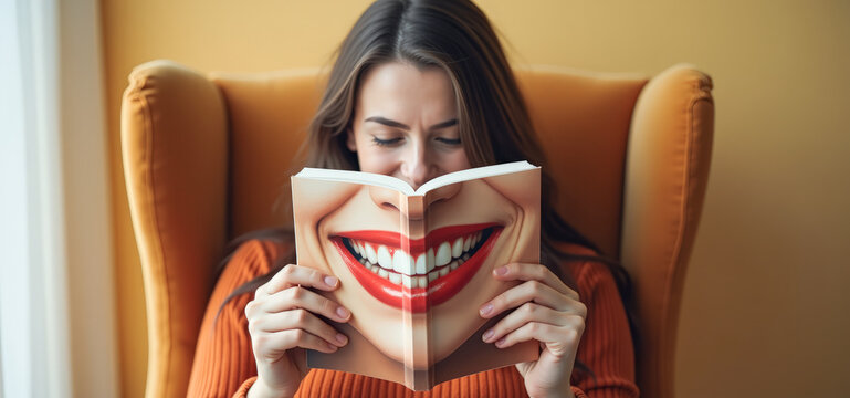 A woman reads a magazine with a wide female smile painted on the cover, front view