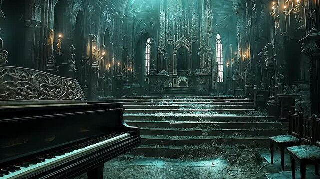 Wander through an old abandoned church where time stands still. The decaying beauty reveals intricate gothic details, with an eerie piano silently waiting to be played.