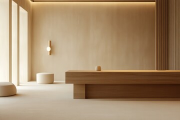A quiet, minimal office design with a large wooden desk, neutral-colored walls, and soft ambient lighting