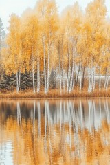 Obraz premium Autumn reflections of birch trees by a tranquil lake serene nature scene peaceful environment artistic view