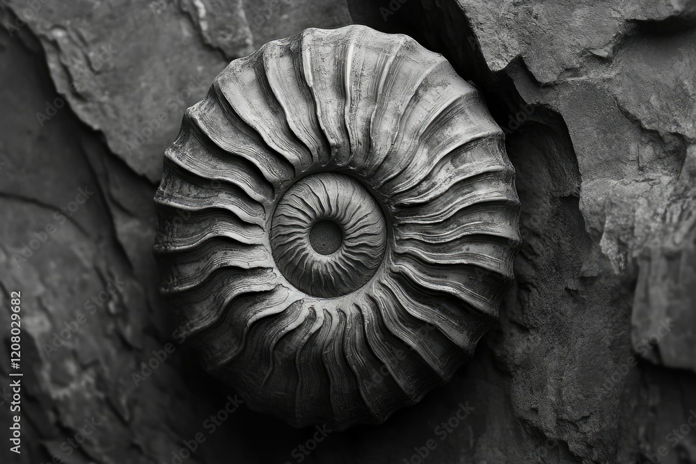 Poster a grayscale close-up of an ammonite fossil embedded in dark rock, showcasing its intricate spiral st