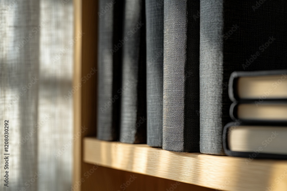 Aufkleber sunlit bookshelf showcasing a collection of dark-colored books, creating a serene and studious atmos