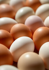 A natural and rustic close-up of eggs in beige and light brown tones, arranged randomly to create an organic pattern. 