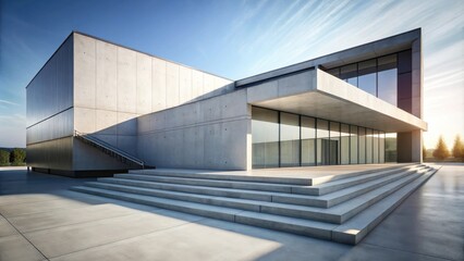 Modern Concrete Structure with Expansive Windows and Elevated Entrance