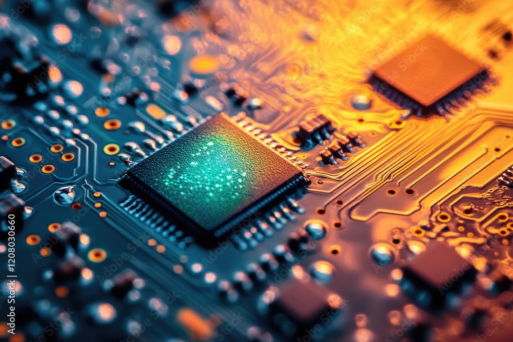 Poster close-up of a circuit board showcasing intricate electronic components and pathways.