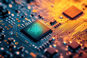 Obraz premium Close-up of a circuit board showcasing intricate electronic components and pathways.