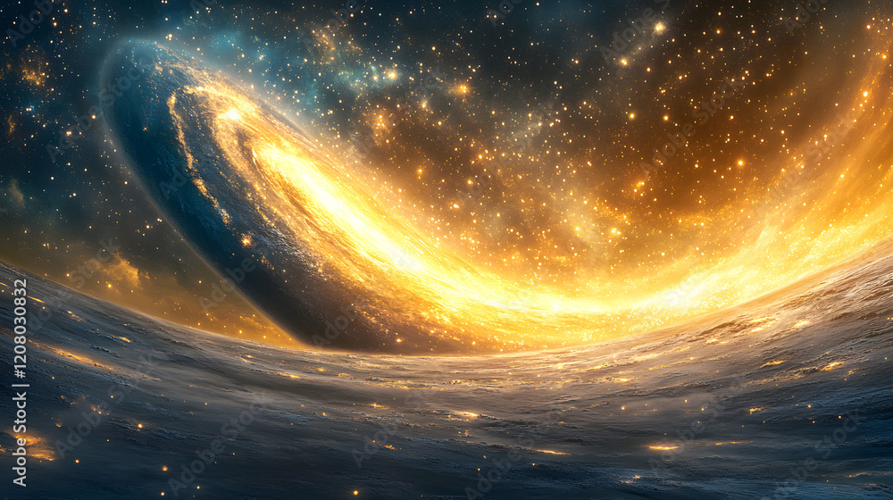 Poster a surreal image of space-time warping around a distant star, creating a vortex of energy and light, 